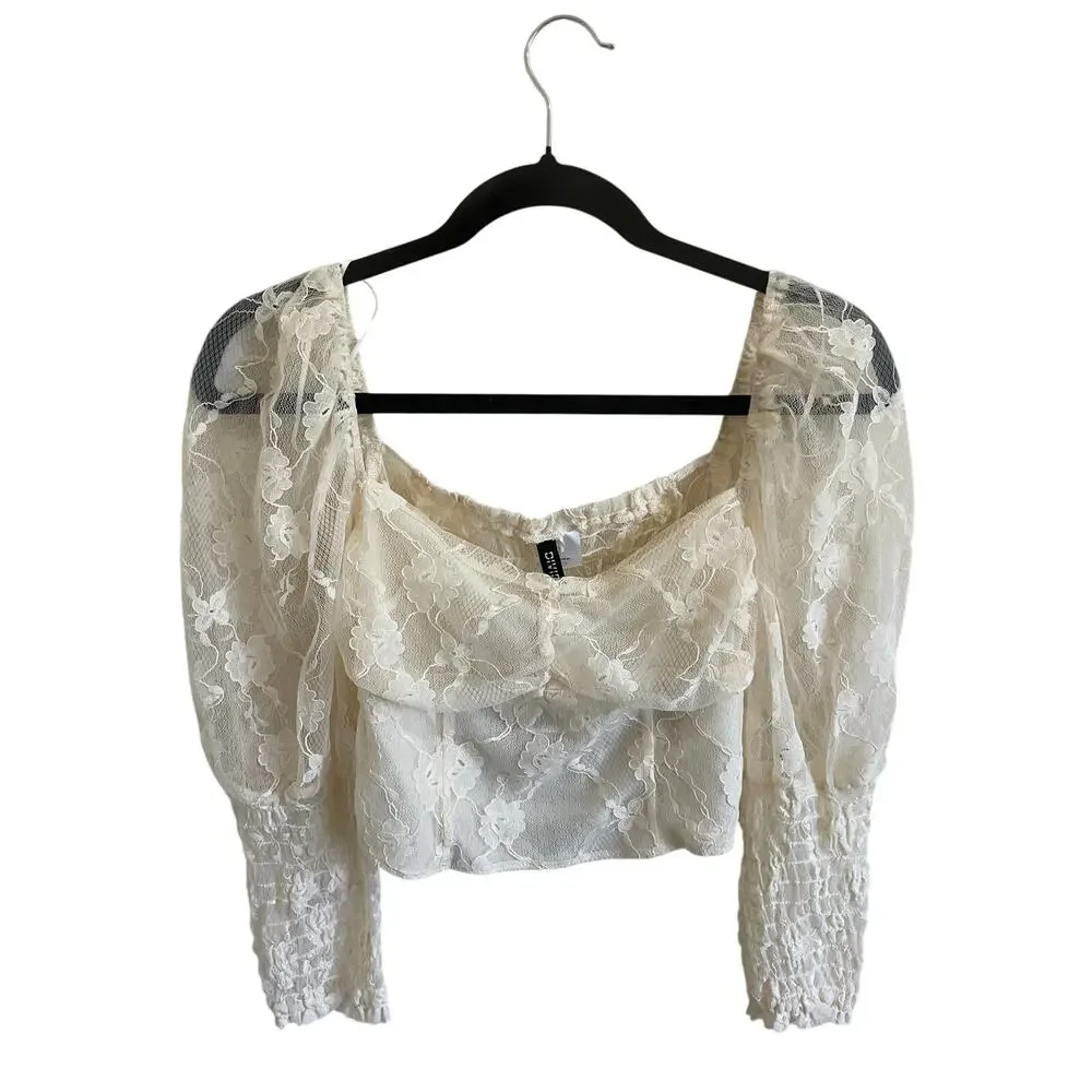 H&M Divided White Lace Milkmaid Crop Top Long Smocked Sleeve Cottagecore